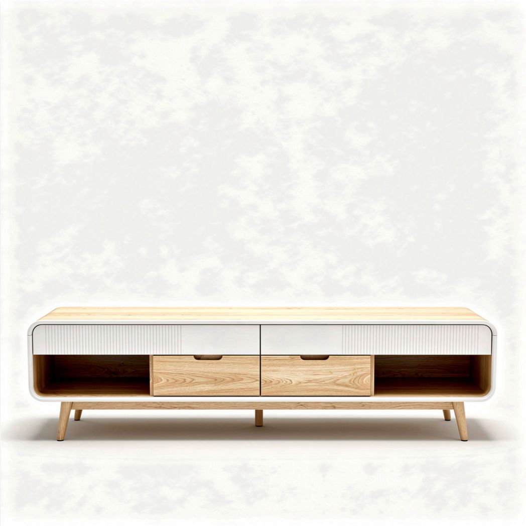 Modern wooden media console with white front and storage drawers 150 x 40 x 50cm