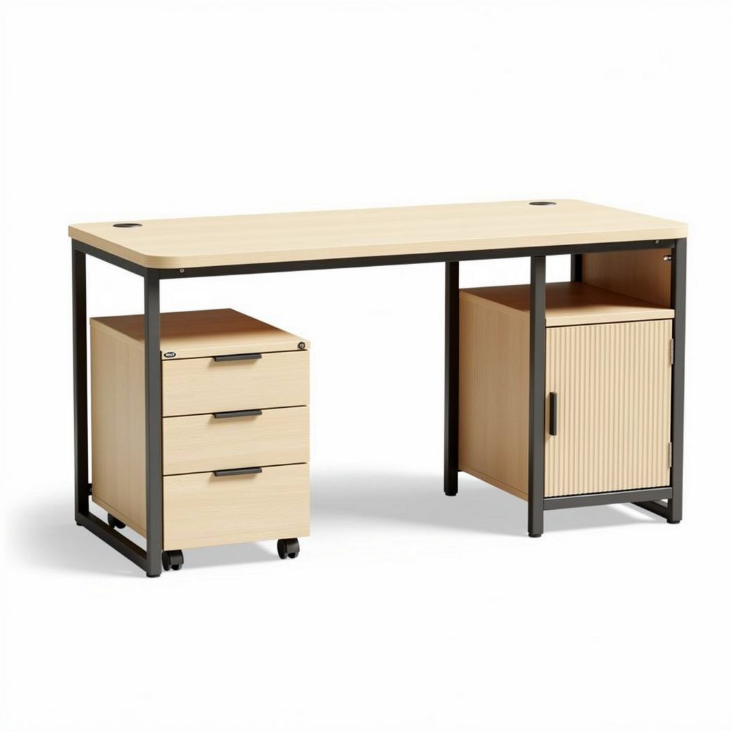 Wooden office desk with metal frame and storage drawers 140 x 60 x 75cm