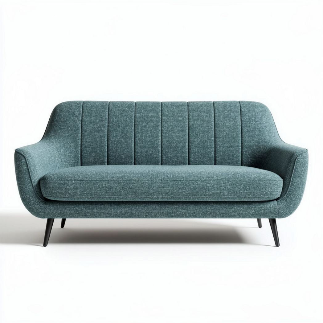 Mid-century modern teal fabric sofa with tufted backrest and wooden legs 180 x 80 x 75cm