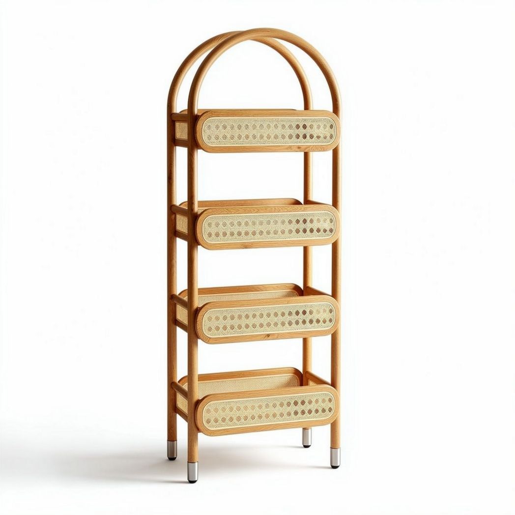 Bamboo four-tier storage shelf with natural woven baskets for organization