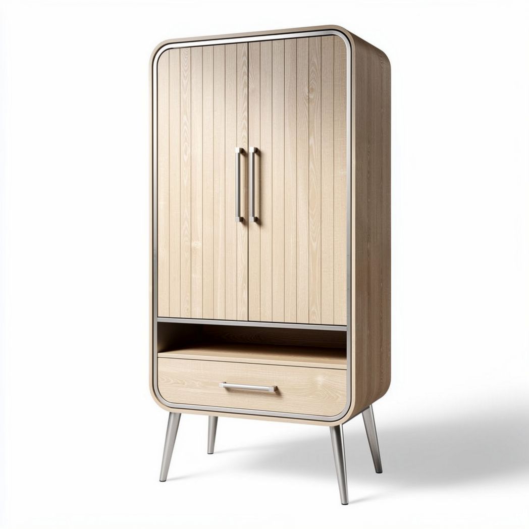 Wooden wardrobe with metal legs and storage drawer 180 x 90 x 40cm