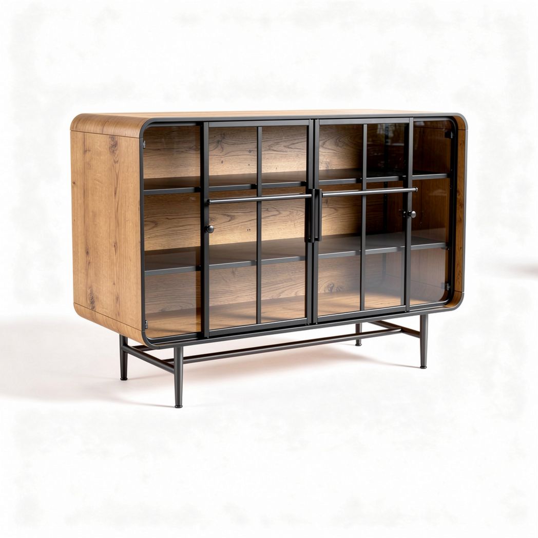 Wooden cabinet with glass doors and metal frame 120 x 40 x 80cm