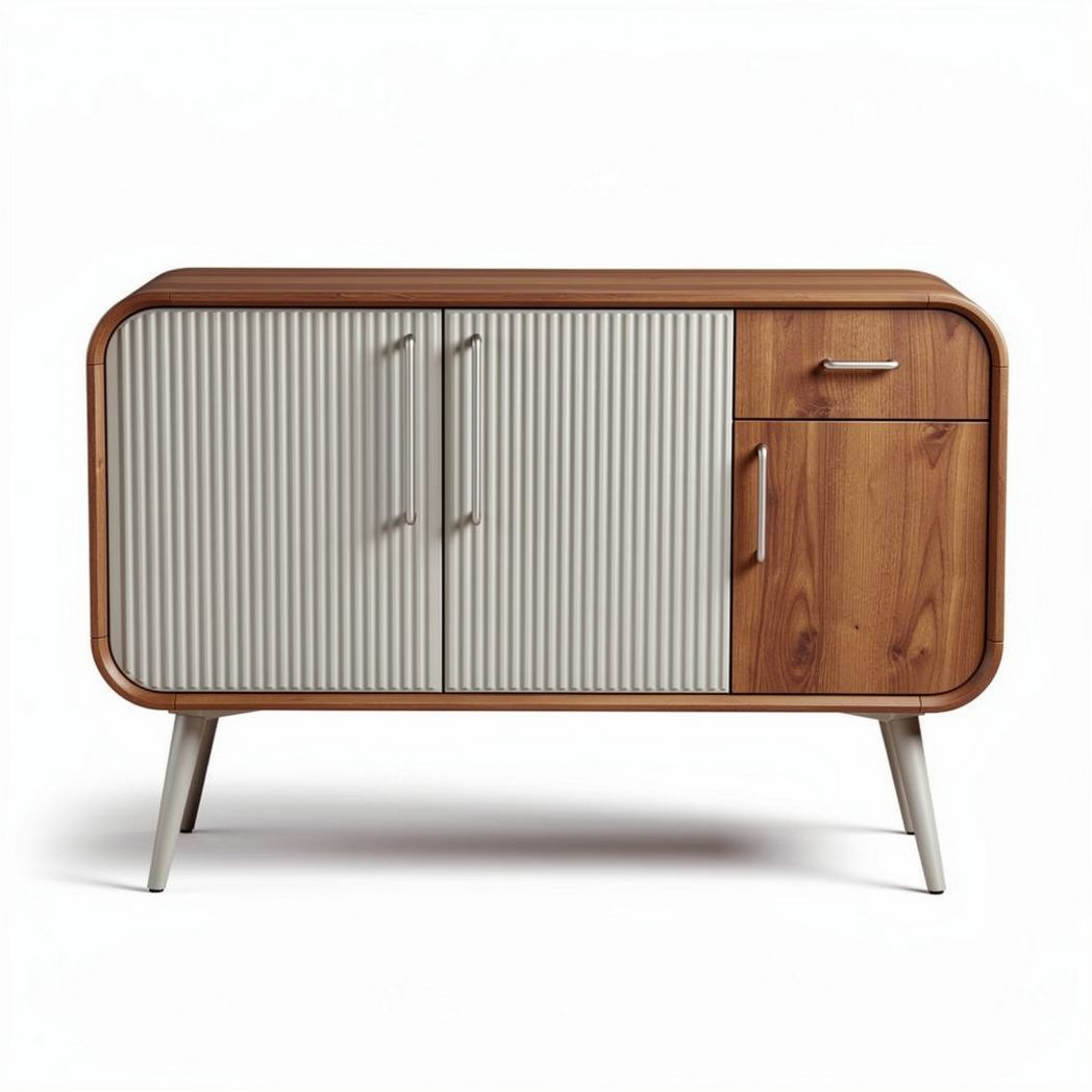Modern wooden sideboard with gray ribbed doors and tapered legs 120 x 40 x 75cm